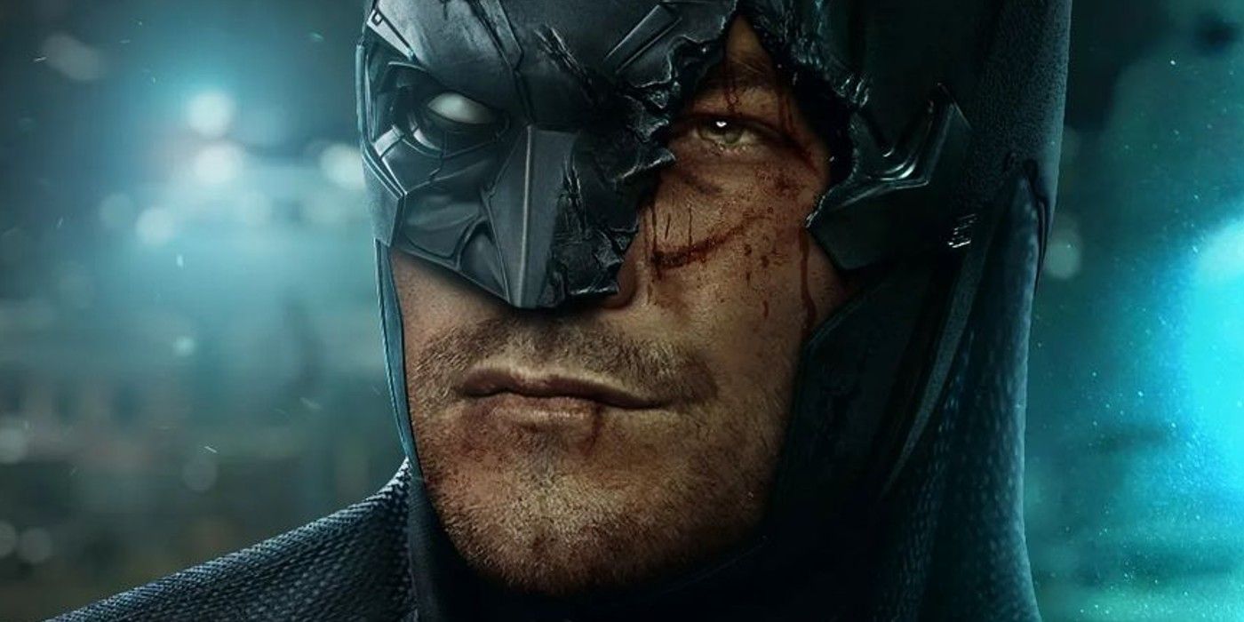 Close do rosto ensanguentado de Alan Ritchson em um capuz quebrado do Batman na fan art do DCU