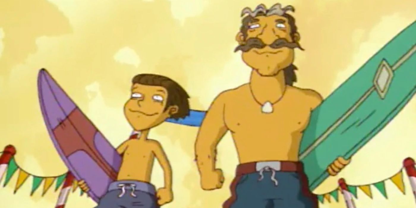 Clutch (Aaron Carter) and Kam Koerner (Brian Doyle-Murray) holding their surfboards in Rocket Power. (1)