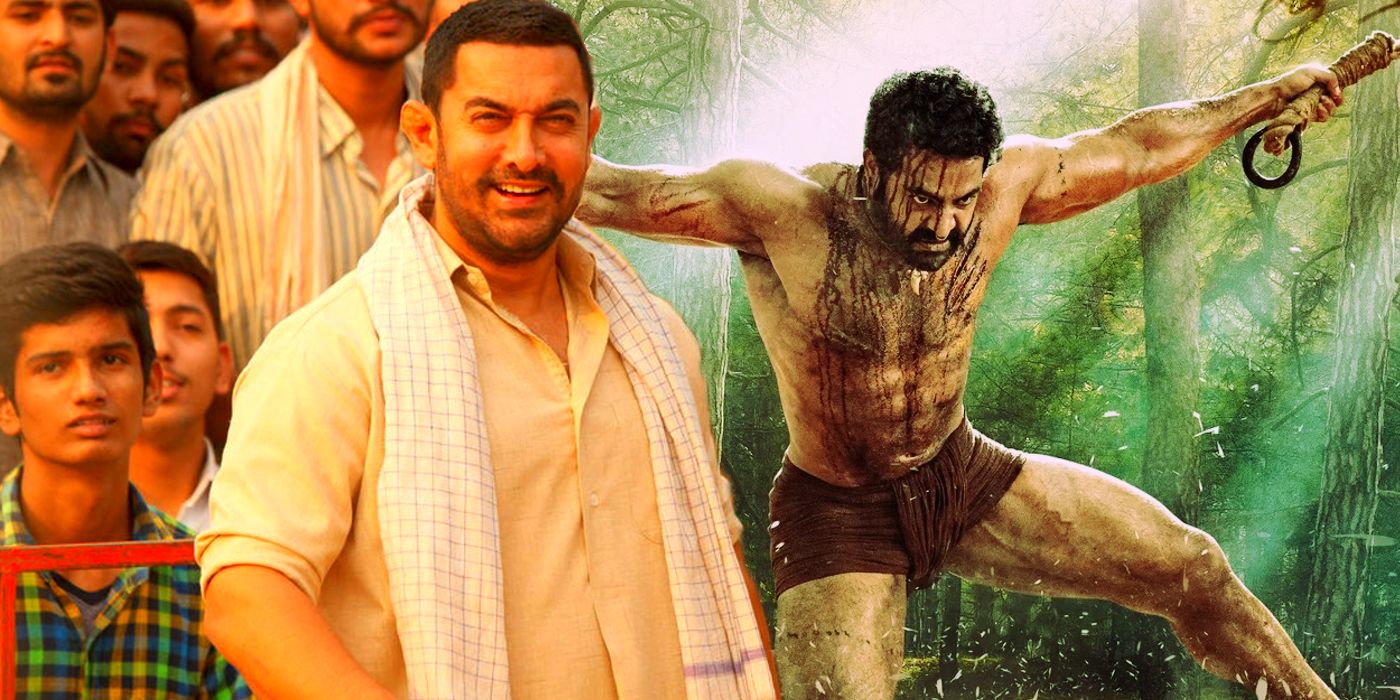 Collage of characters from Dangal smiling and a man from RRR holding two ropes and gimacing.