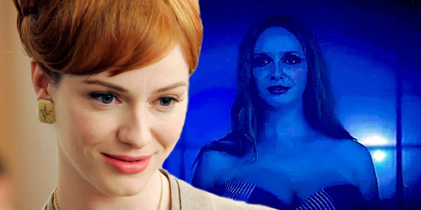 Collage of Christina Hendricks as Joan Harris smiling and the Seductress in Zoolander 2.