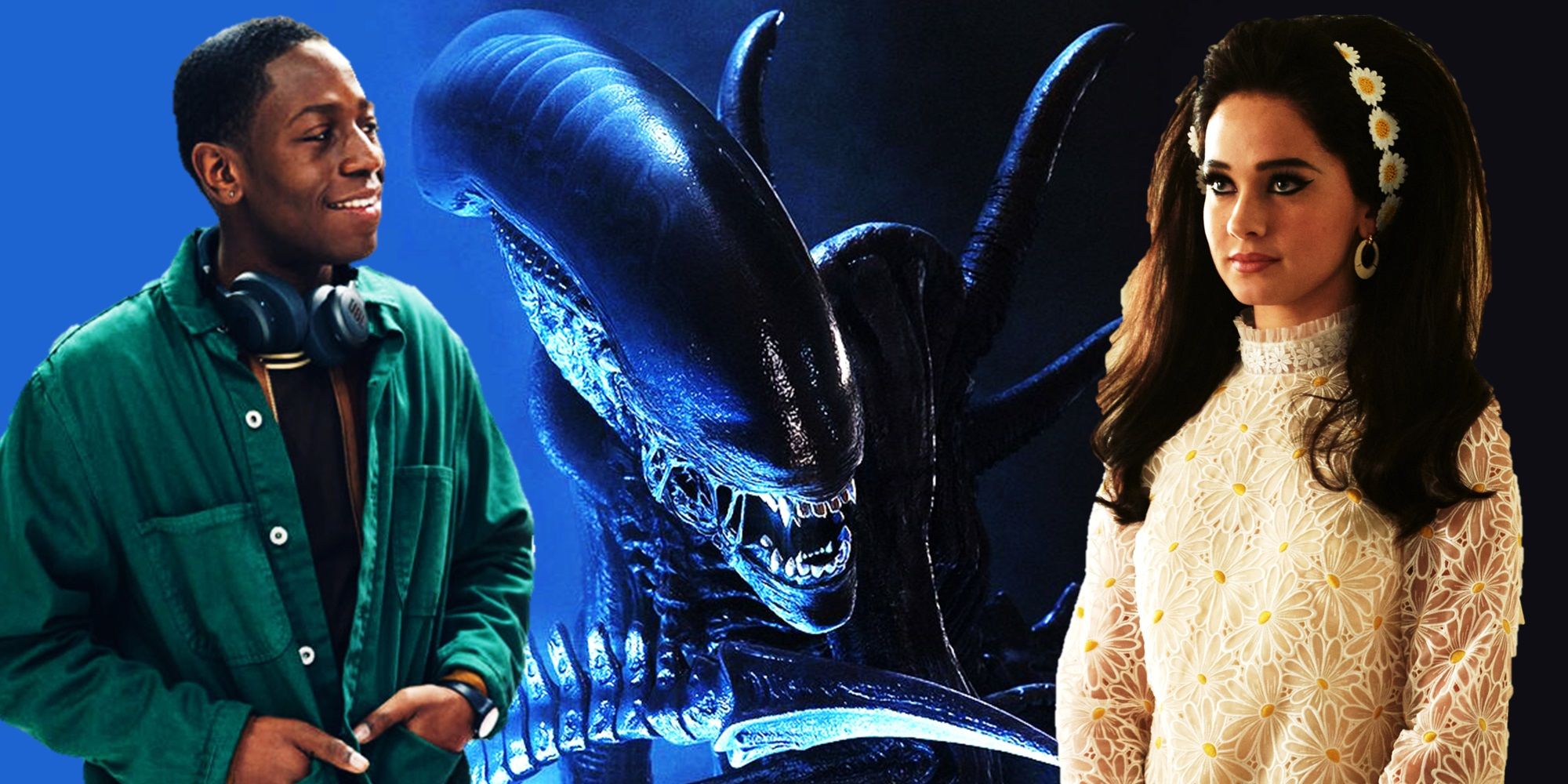 Collage of David Jonsson in Rye Lane and Cailee Spaeny in Priscilla with a xenomorph from Alien