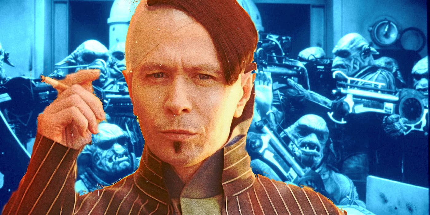 Collage of Gary Oldman as Zorg smoking a cigarette in The Fifth Element smoking a cigarette in front of a group of aliens.