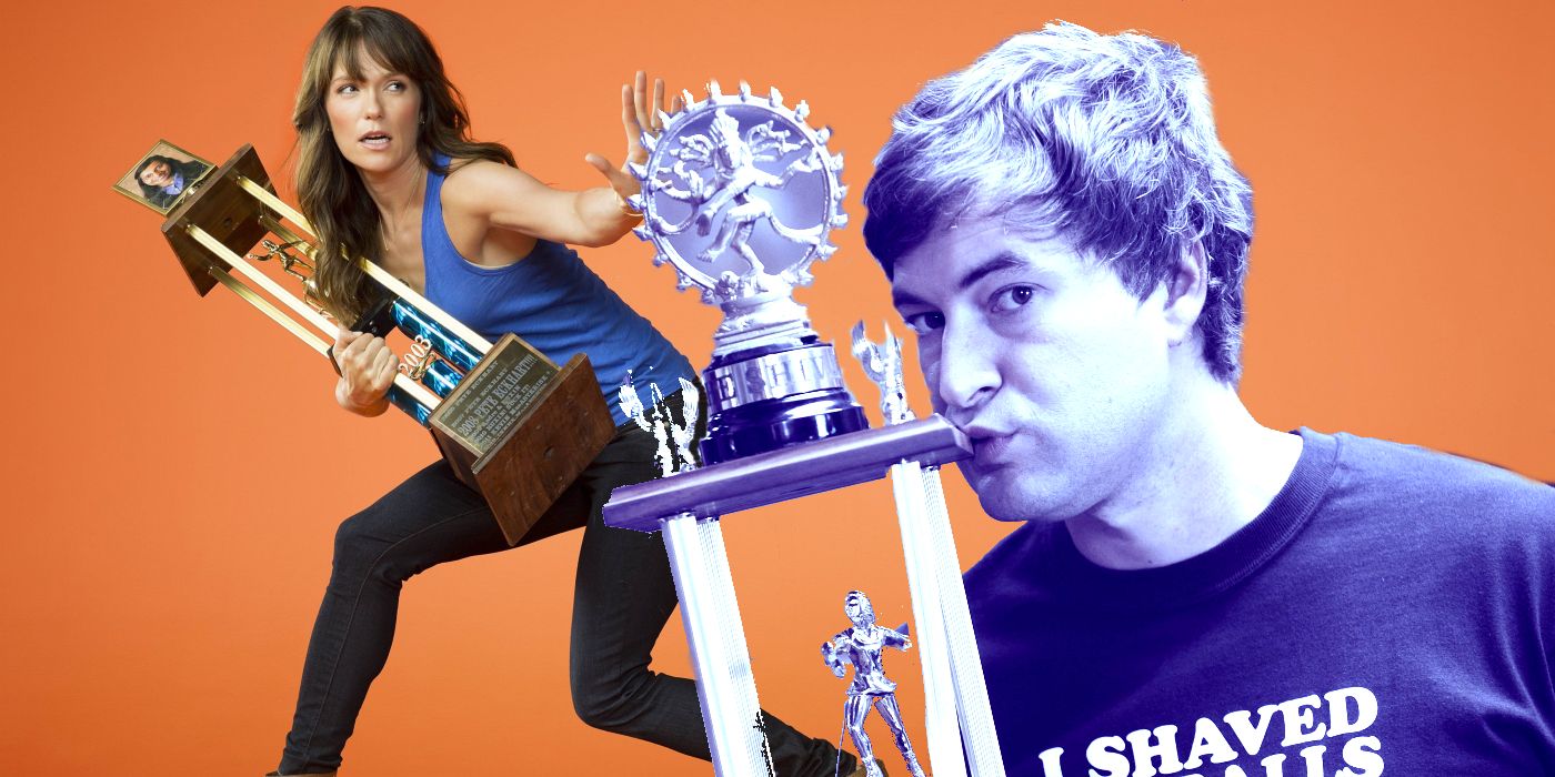 Collage of Jenny (Katie Aselton) and Peter (Mark Duplass) both holding the Shiva trophy in The League.