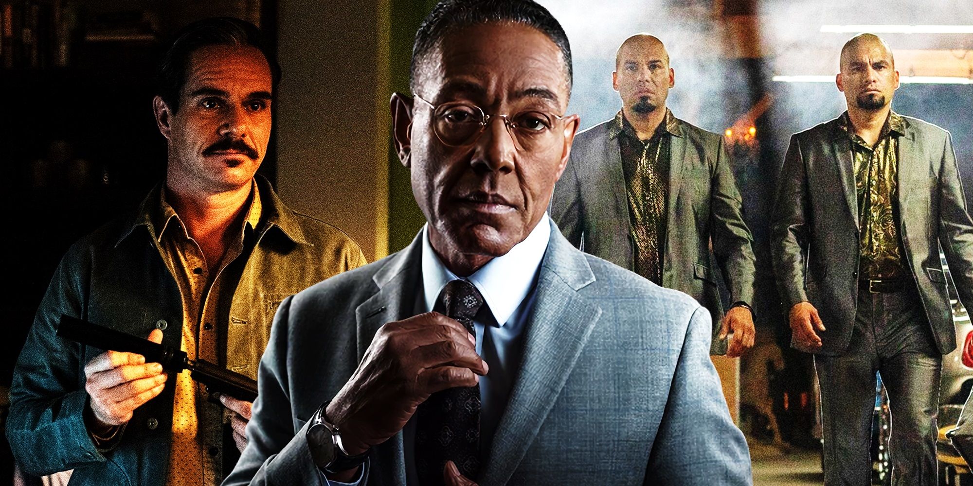 Collage of Lalo in Better Call Saul and Gus Fring and the Cousins in Breaking Bad