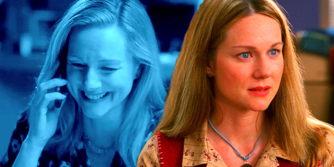Collage of Laura Linney as Sarah in Red Nose Day Actually and Love Actually.