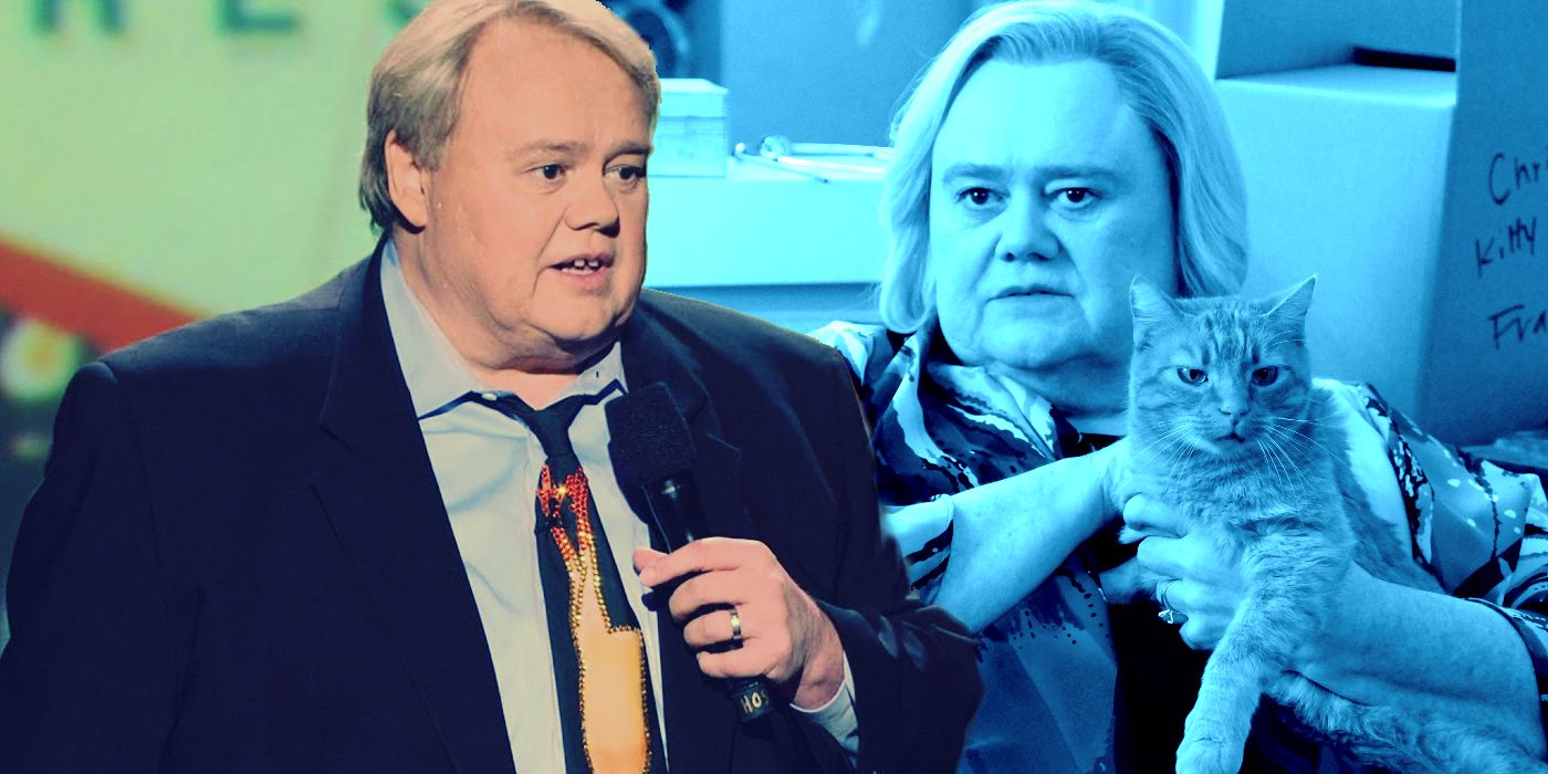 Collage of Louie Anderson doing stand up and as Christine Baskets petting a cat in Baskets.