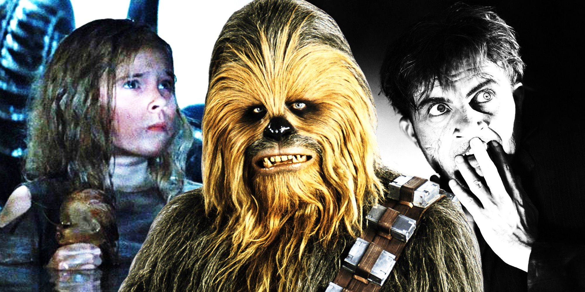 Collage of Newt in Aliens, Chewbacca in Star Wars, and Fritz in Frankenstein