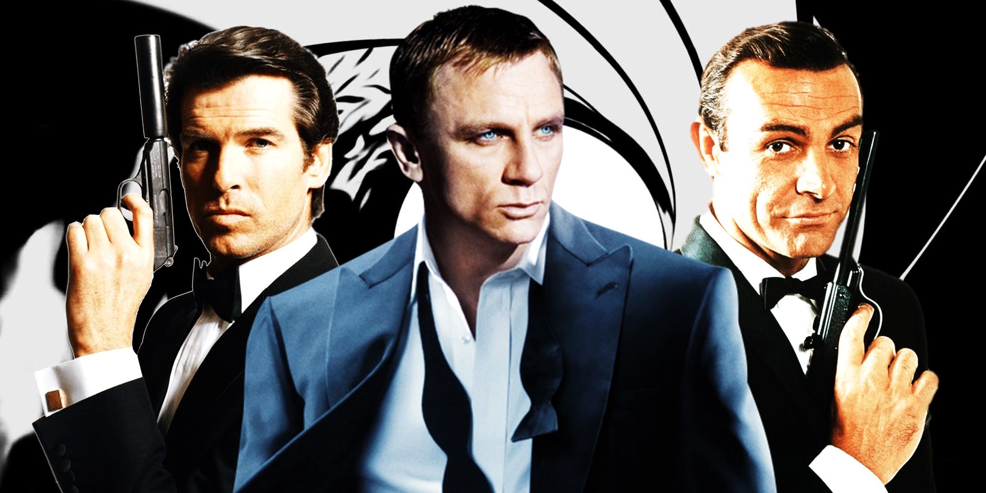 Colagem de Pierce Brosnan, Daniel Craig e Sean Connery como James Bond