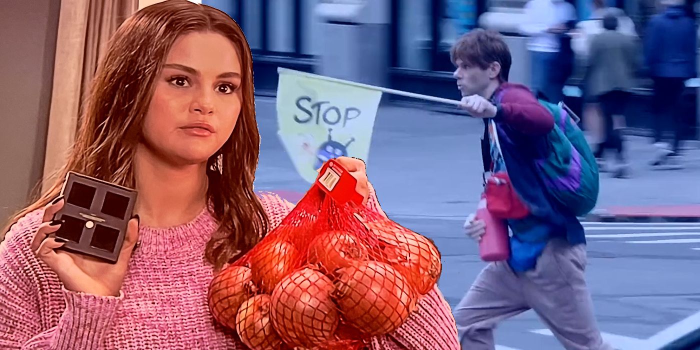 Collage of Selena Gomez holding a bag of onions and makeup and Mikey Day crossing the street with a sign that says stop in an SNL sketch Old Enough.