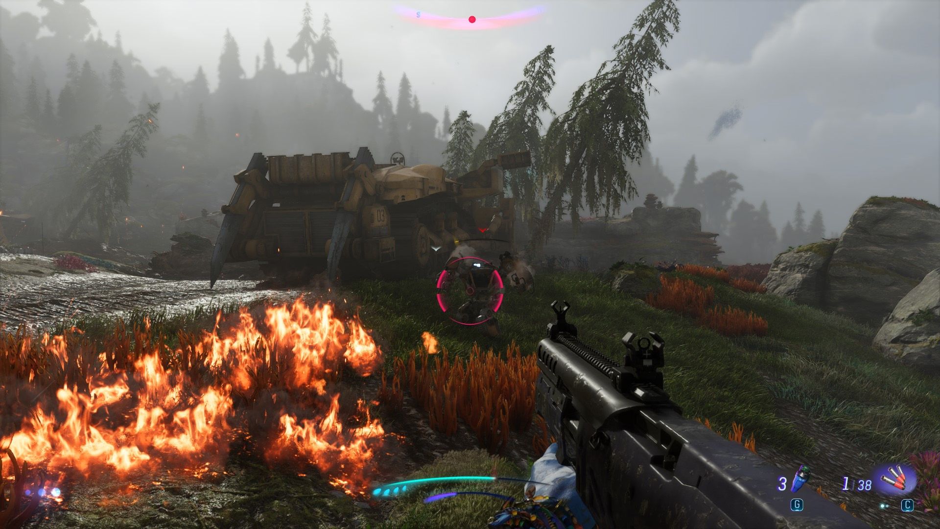 A first-person view of a shotgun pointed at a mech in Avatar: Frontiers of Pandora.