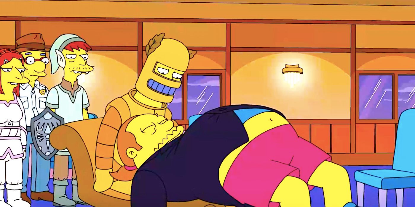 Comic Book Guy lies passed out on a person dressed as Futurama's Hedonismbot in The Simpsons season 35, episode 9