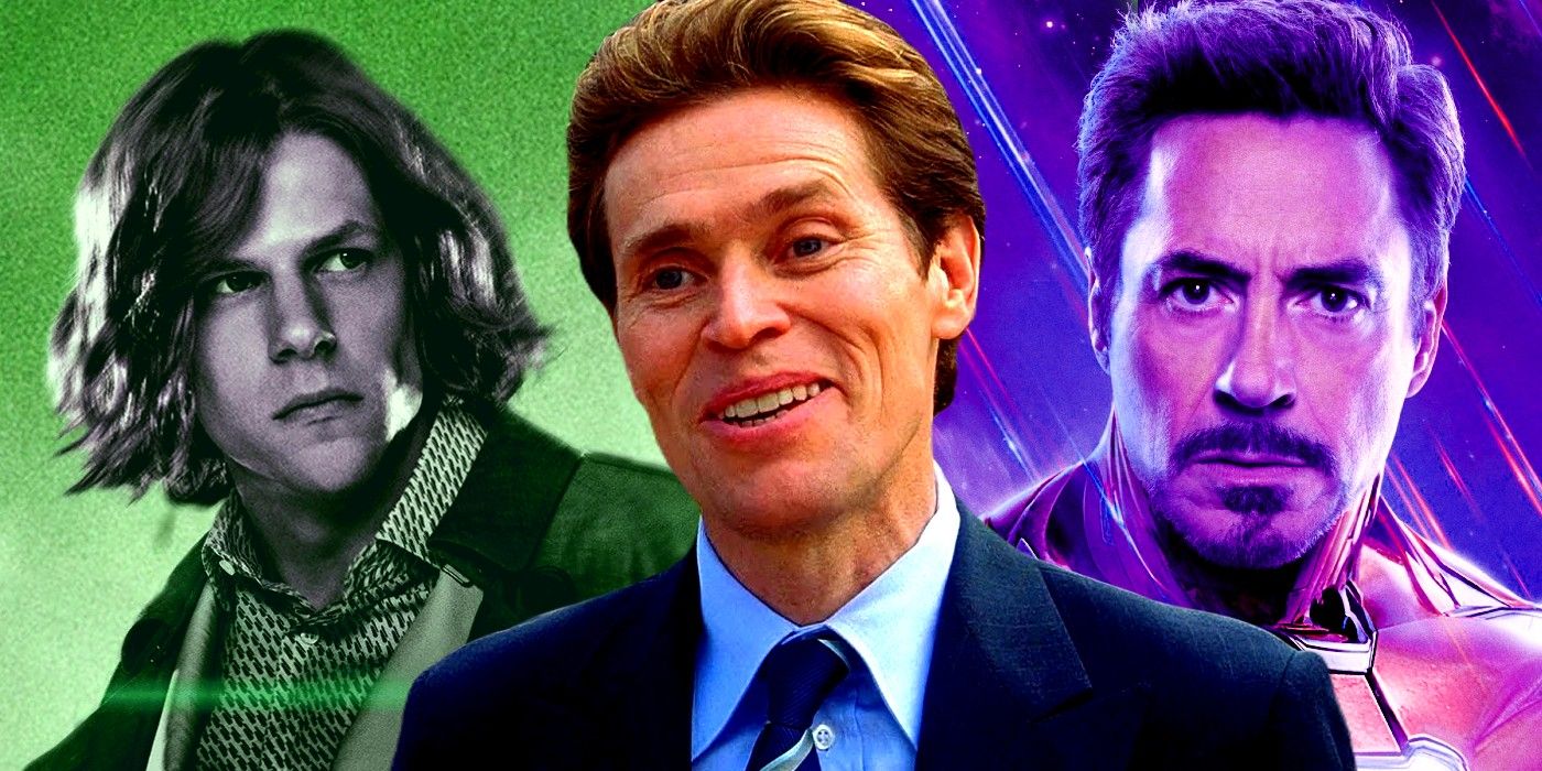 comic book movie geniuses who made strupid mistakes, blended image with Jesse Eisenberg’s Lex Luthor, Robert Downey Jr.’s Iron Man, and Willem Dafoe’s Norman Osborn
