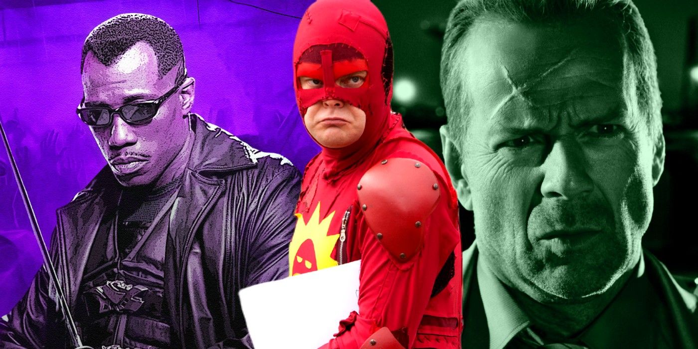 A split image featuring Blade from Blade, The Crimson Bolt from Super, and John Hartigan from Sin City