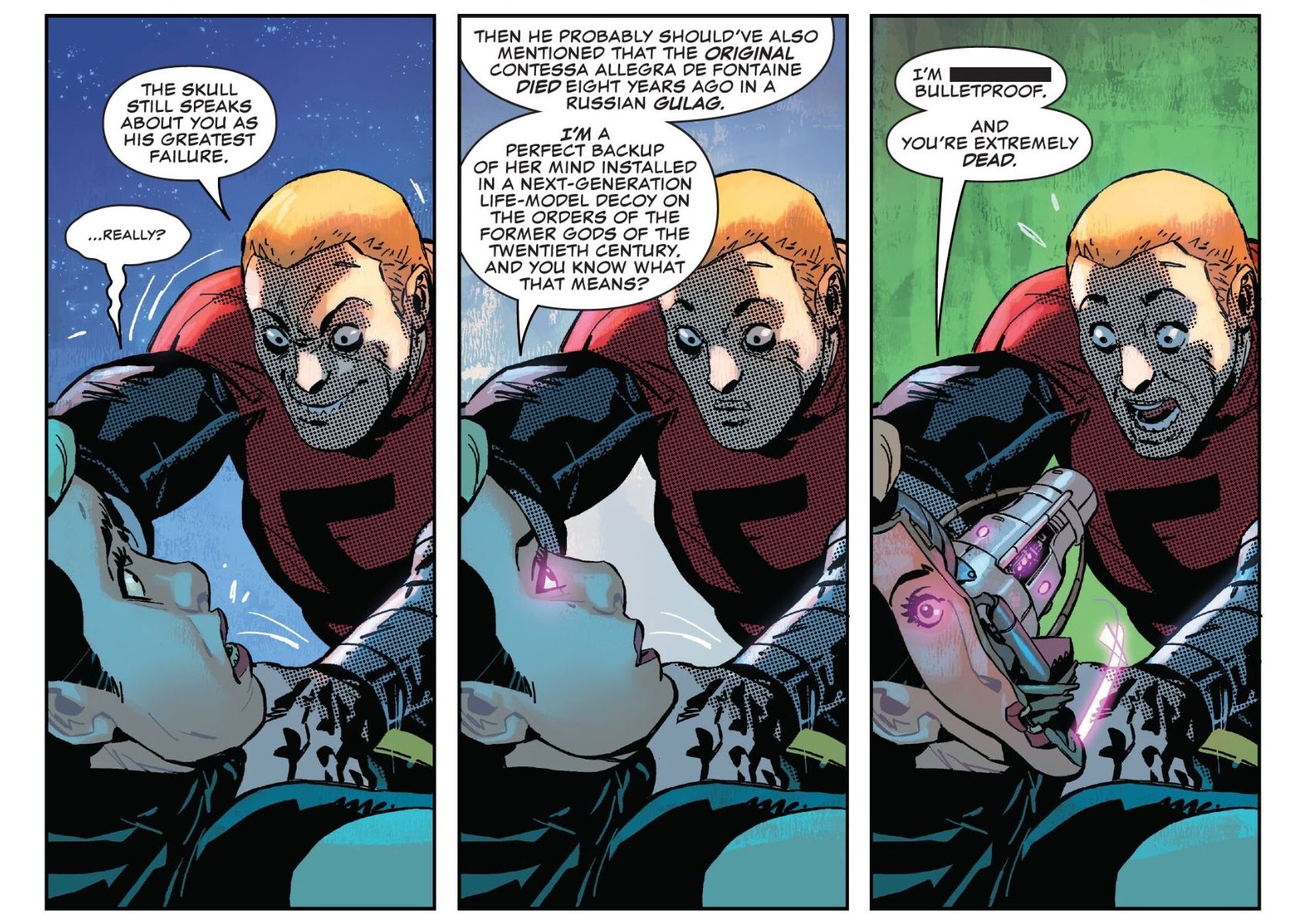 Pinned down by a goon, the Contessa reveals that she is actually an LMD by splitting her face open to reveal a mechanized cannon.