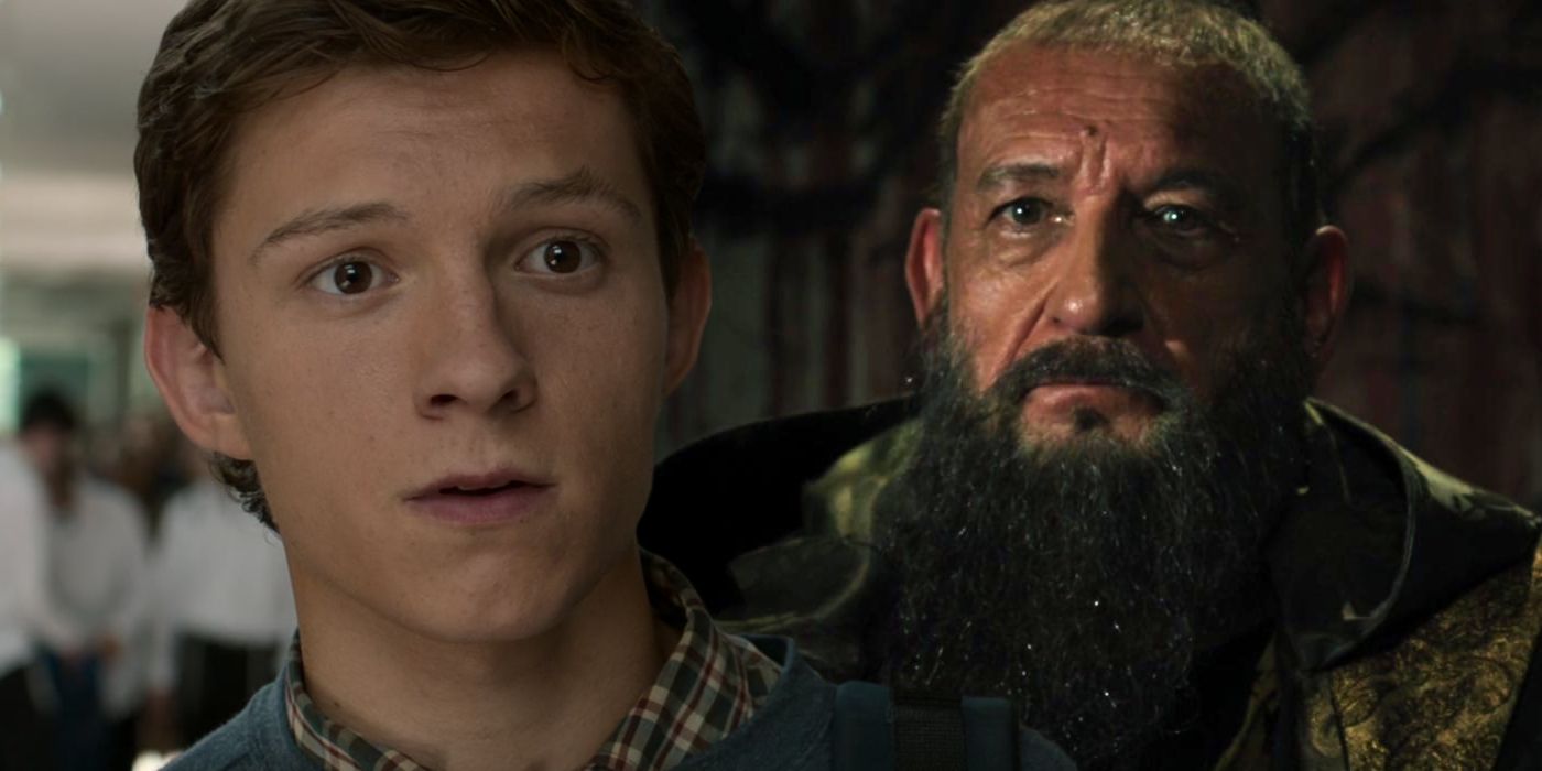 Tom Holland as Peter Parker looking surprised in Spider-Man: Homecoming and Ben Kingsley as Trevor Slattery/The Mandarin in Iron Man 3