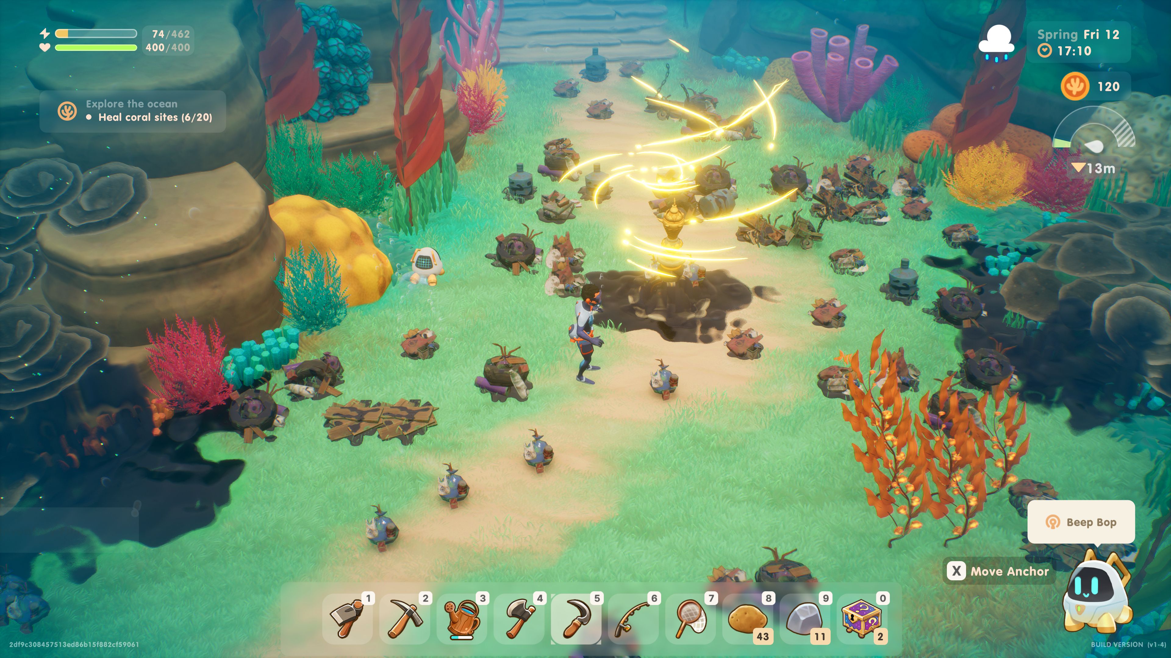 Coral Island Player Cleaning Coral Site Under The Sea With Merfolk Artefact