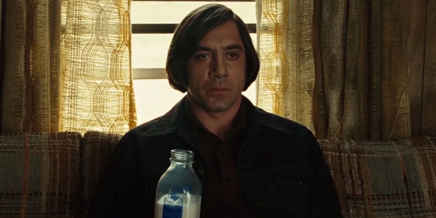 Anton (Javier Bardem) with a jug of milk in No Country for Old Men
