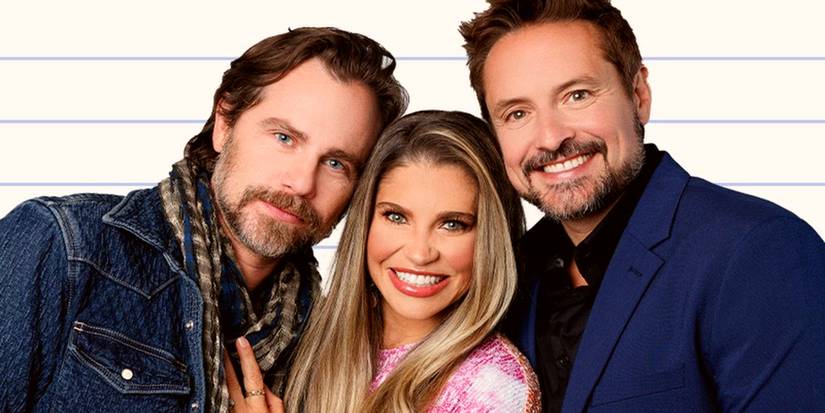 Cover art for Pod Meets World with Danielle Fishel, Rider Strong, and Will Friedle smiling in front of a lined rulebook.