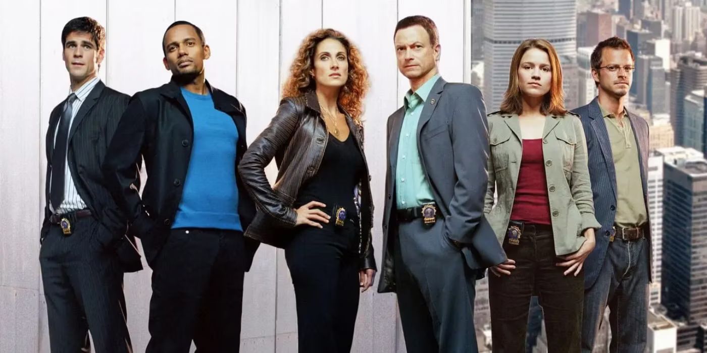 The main cast of CSI: NY pose in front of a New York backdrop in a promotional still for CSI: NY