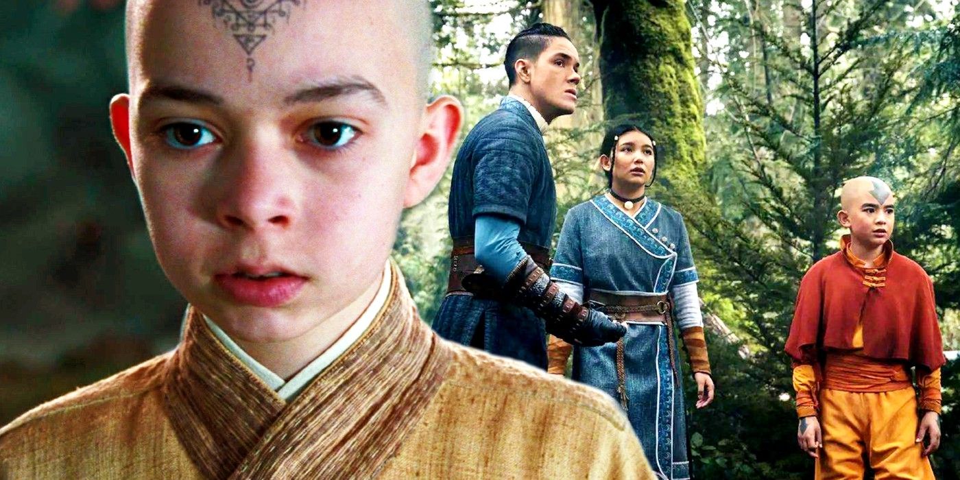Custom image of Aang from the M Night Shyamalan version and Sokka, Katara and Aang in the woods in Netflix's Avatar the Last Airbender