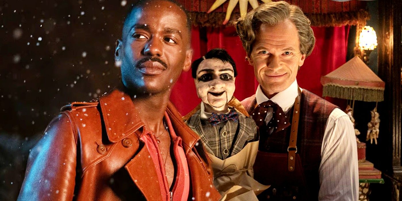 Custom image of Ncuti Gatwa in the Doctor Who 2023 special and the Toymaker holding his puppet in The Giggle