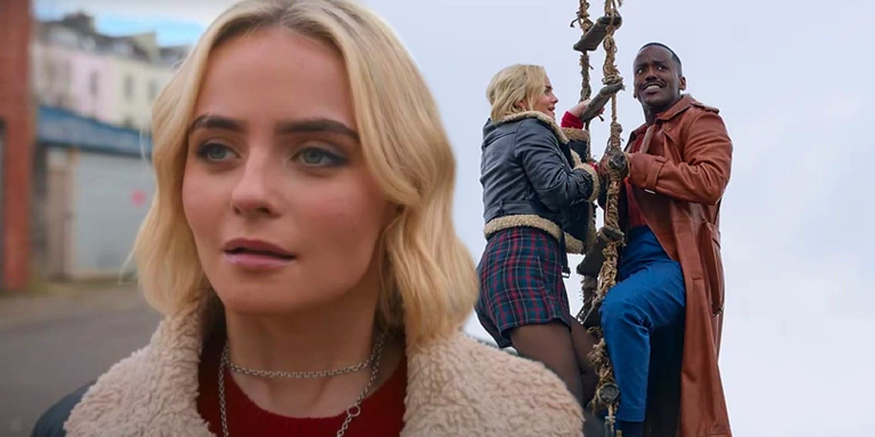 Custom image of Ruby looking to the side and Ruby and Fifteenth Doctor holding onto to a ladder in Doctor Who