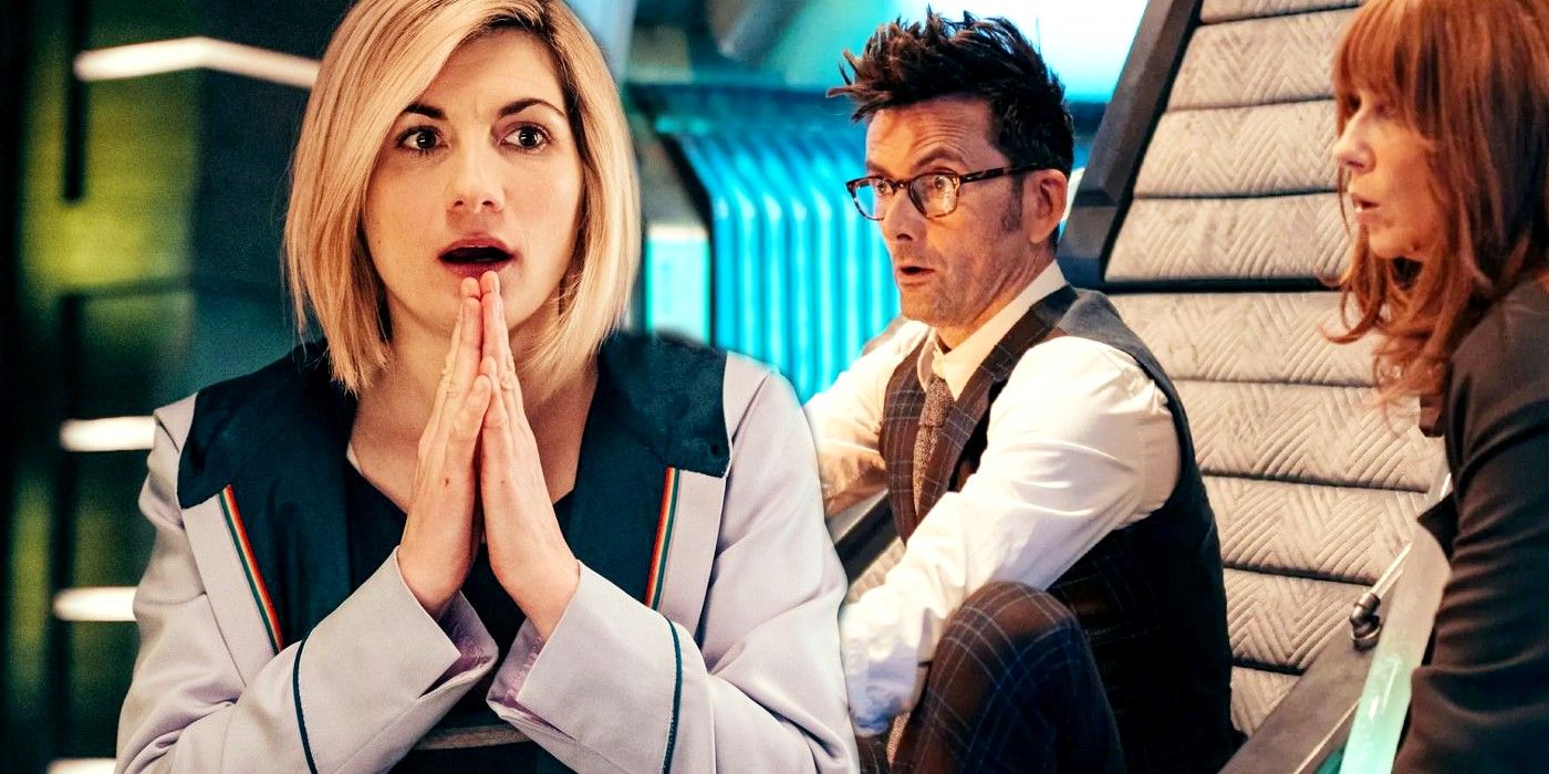Custom image of the Thirteenth Doctor shocked and the Fourteenth Doctor with Donna looking at a monitor in Doctor Who