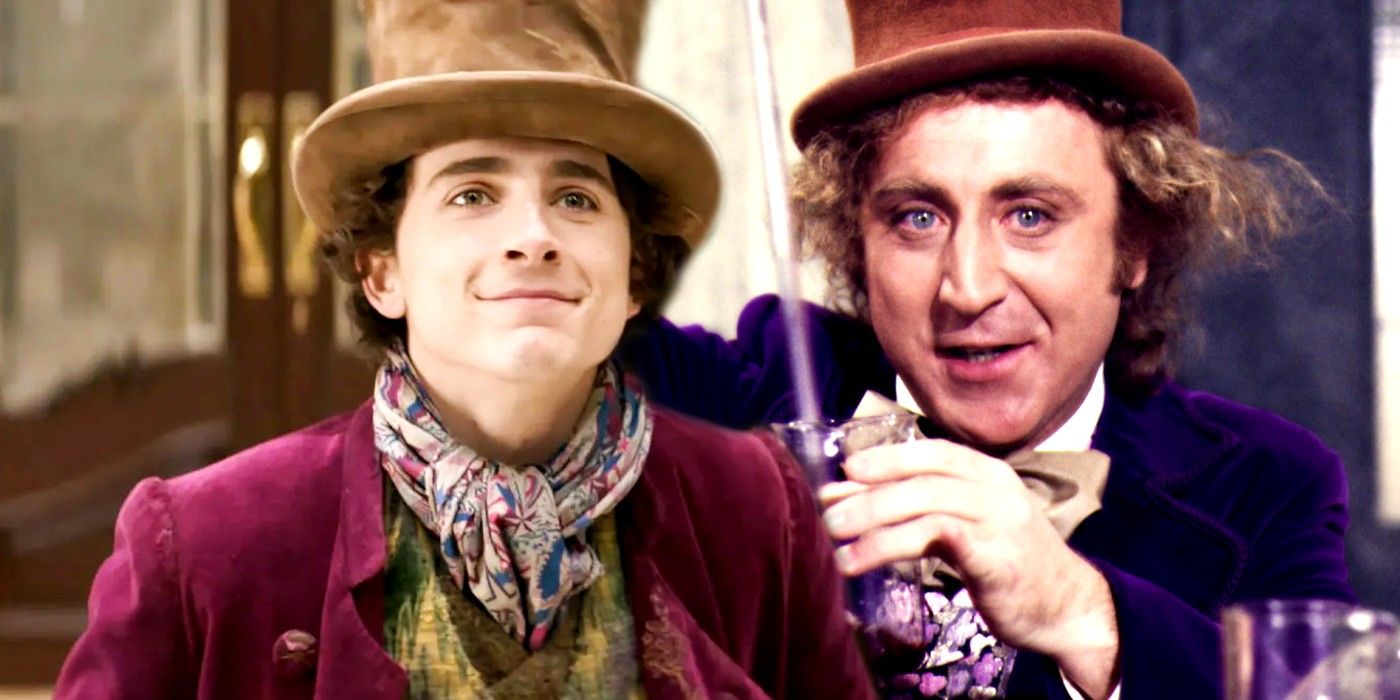 Timothee Chalamet's Willy Wonka smiling while Gene Wilder's is playing with flavors in Willy Wonka and the Chocolate Factory