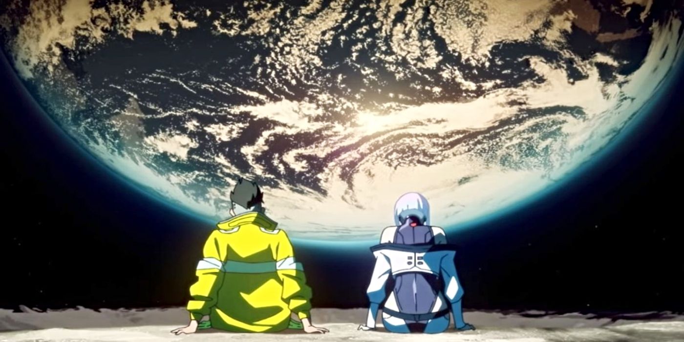 Cyberpunk Edgerunners' David and Lucy sit on the moon and stare at Earth.