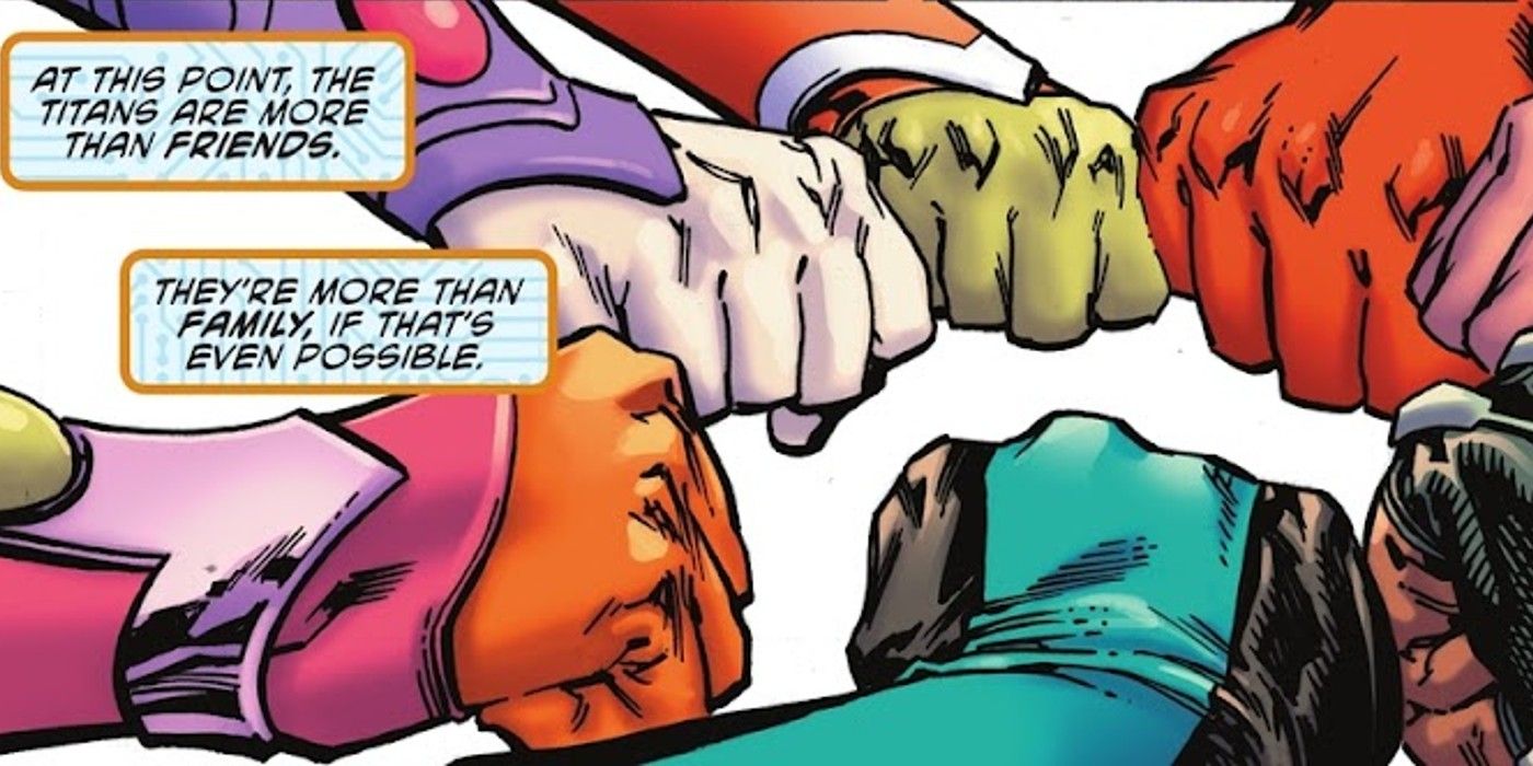 Comic book panels: a circle of fist-bumping hands, all characters wearing different superhero costumes.