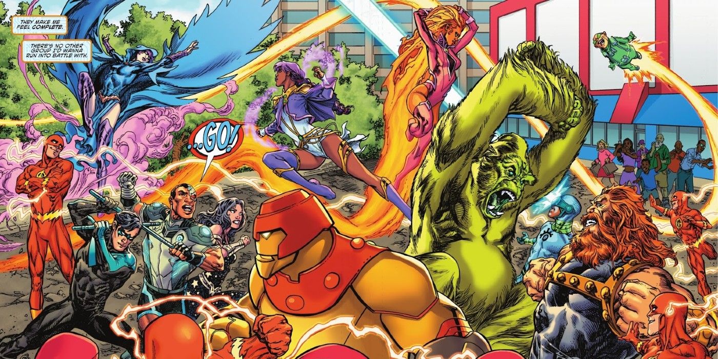 Comic book panel: costumed superheroes fight a colorful array of villains.