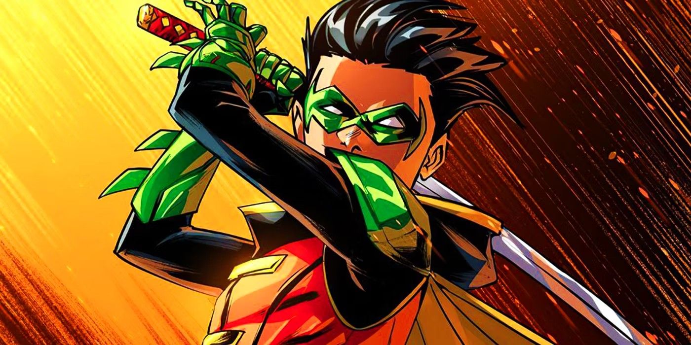 Damian Wayne's Robin swinging a sword in a DC Comic