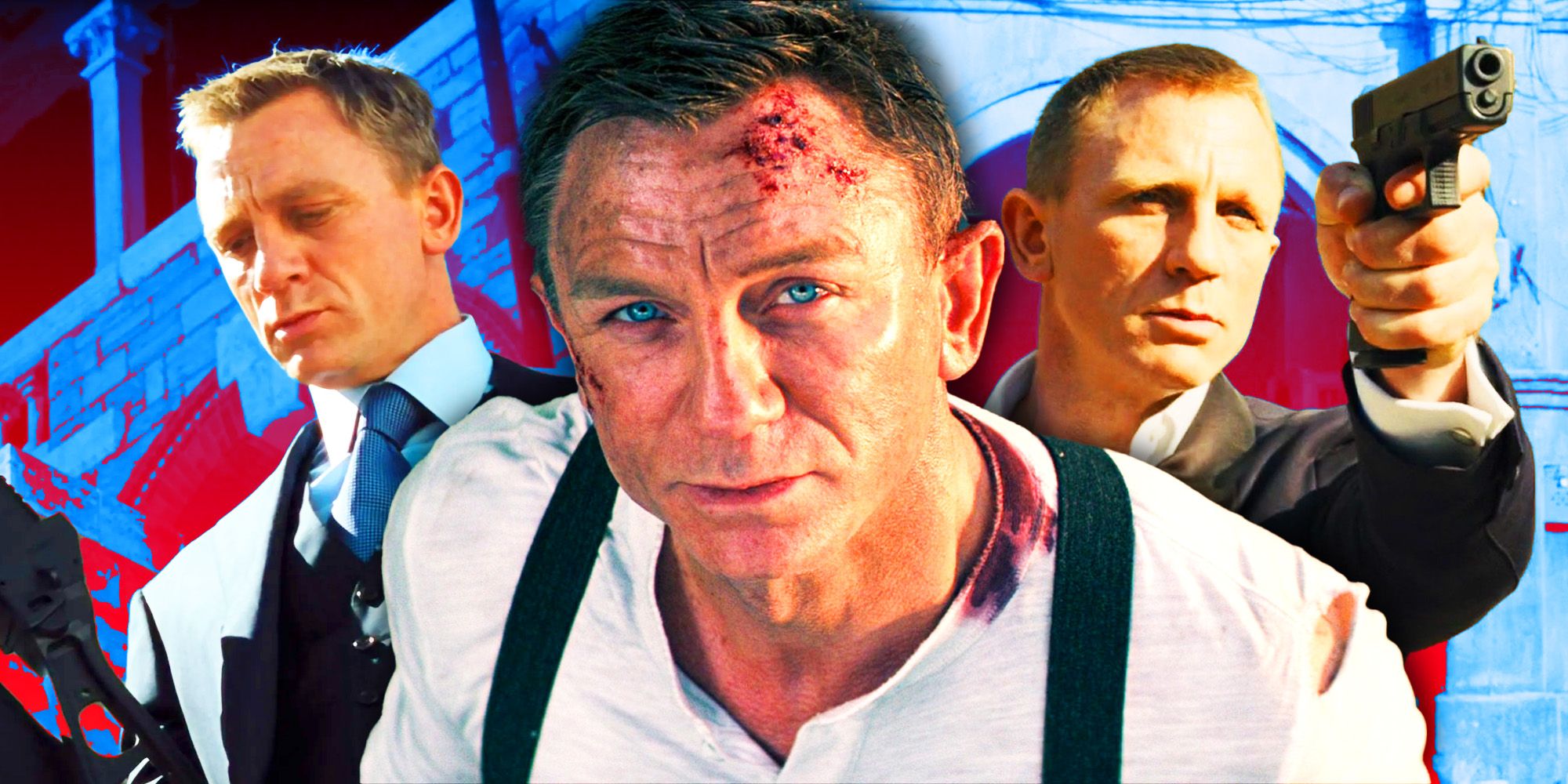Three images of Daniel Craig’s James Bond from various movies in the franchise