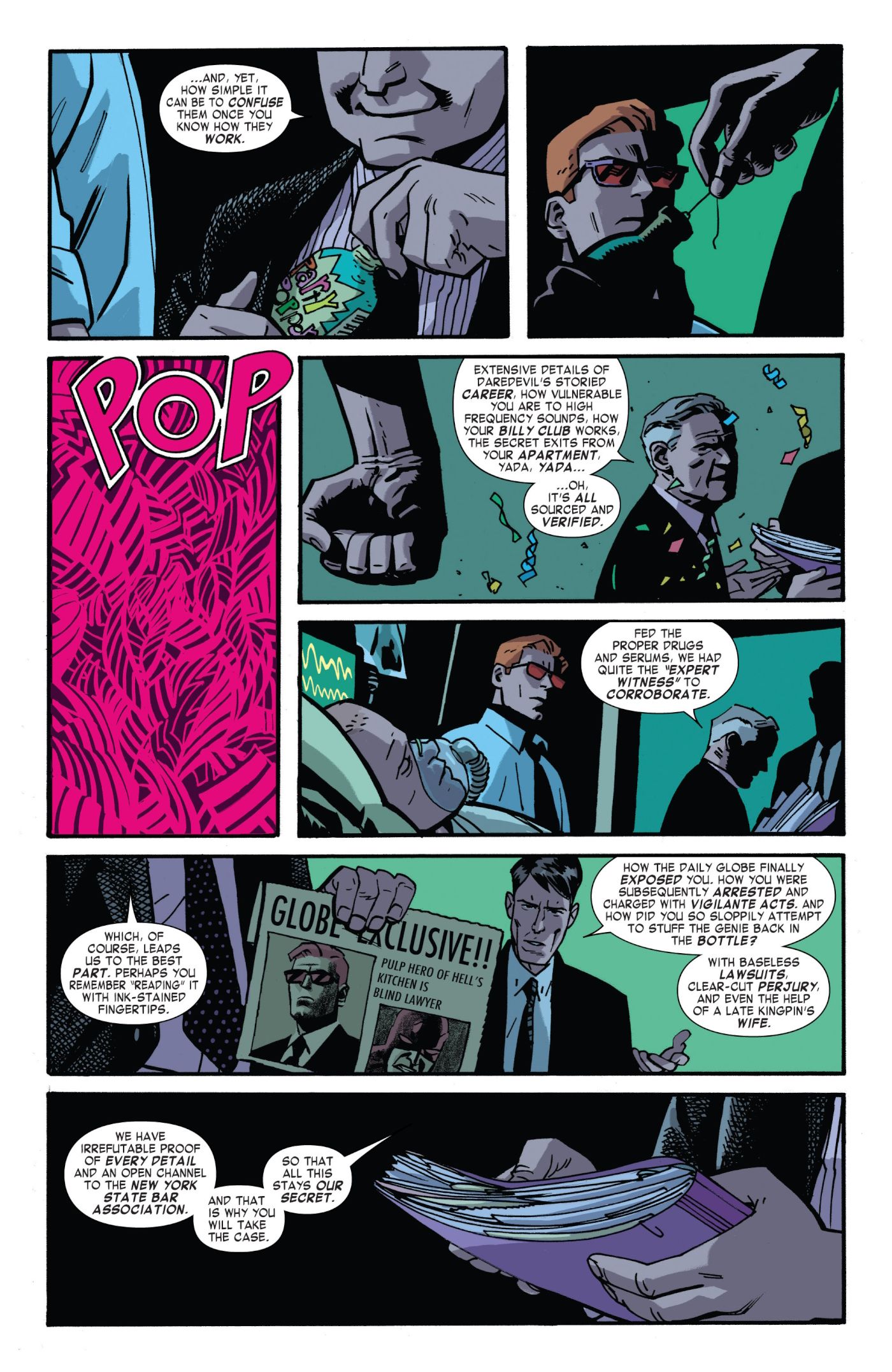 panels from Daredevil #35, Daredevil is blackmailed by sons of the serpent