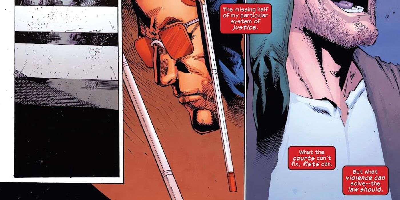 panels from Daredevil Black Armor #1, Daredevil going into hiding with a false identity