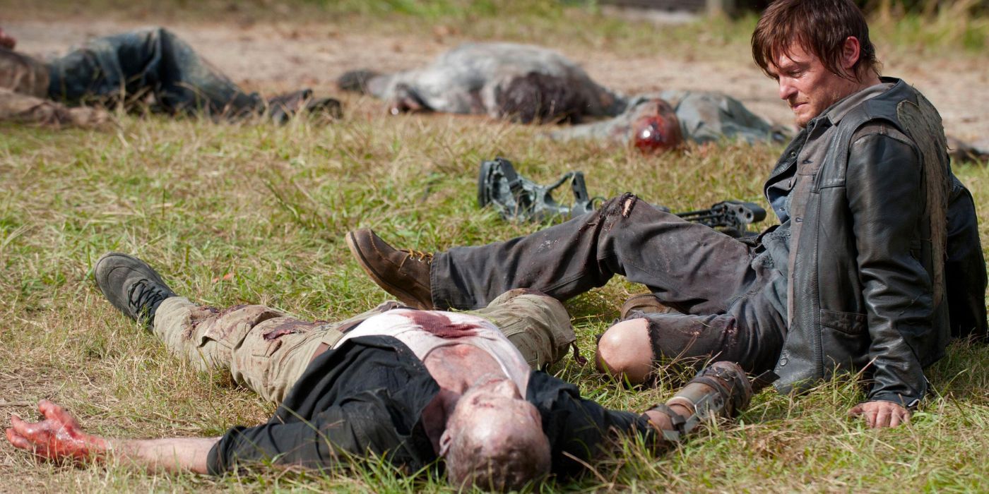 Daryl (Norman Reedus) sits next to his brother Merle (Michael Rooker) as a Walker in The Walking Dead