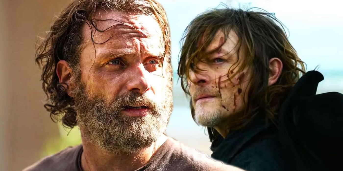Rick Grimes with facial hair looking worried and Daryl Dixon looking over his shoulder in The Walking Dead.