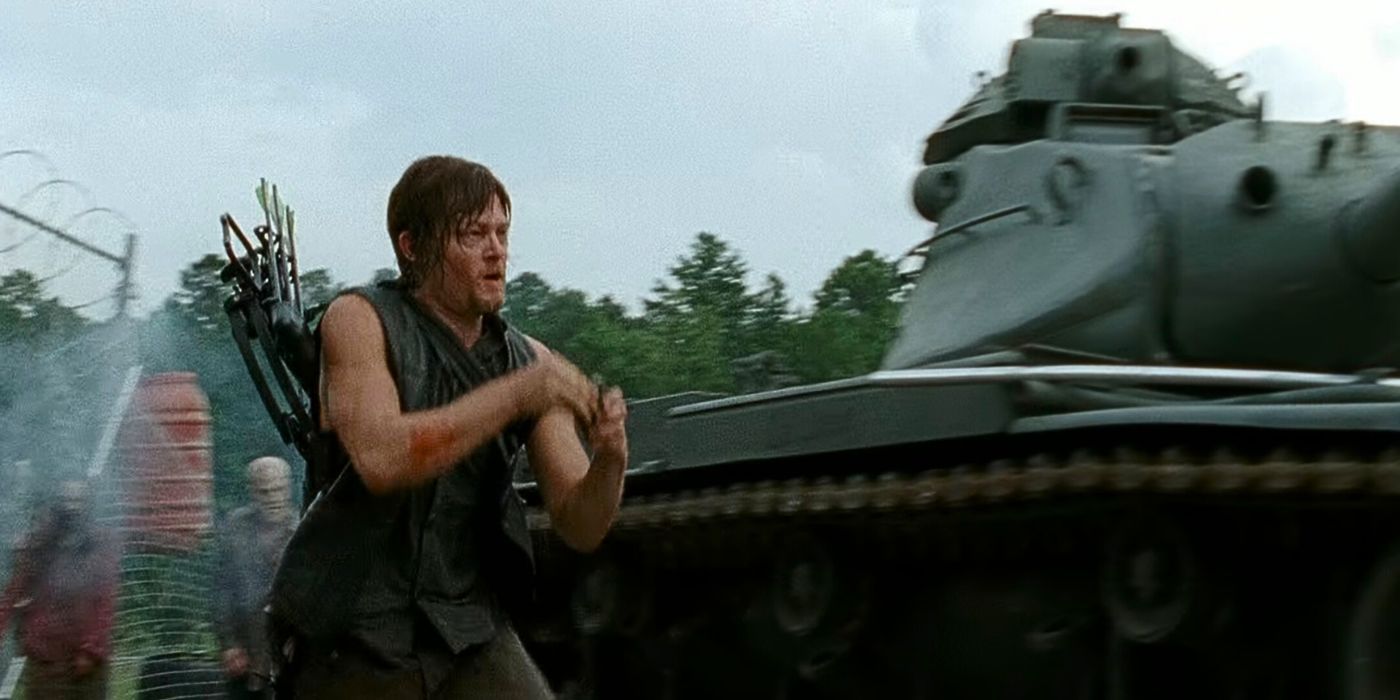 Daryl Dixon (Norman Reedus) runs at a tank with a grenade in The Walking Dead