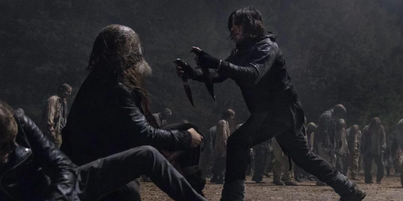 Daryl Dixon (Norman Reedus) draws knives on Beta (Ryan Hurst) to blind him in The Walking Dead