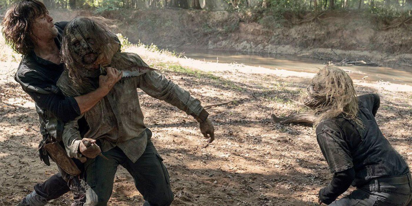 Daryl (Norman Reedus) fights Alpha (Samantha Morton) and the Whisperers in The Walking Dead