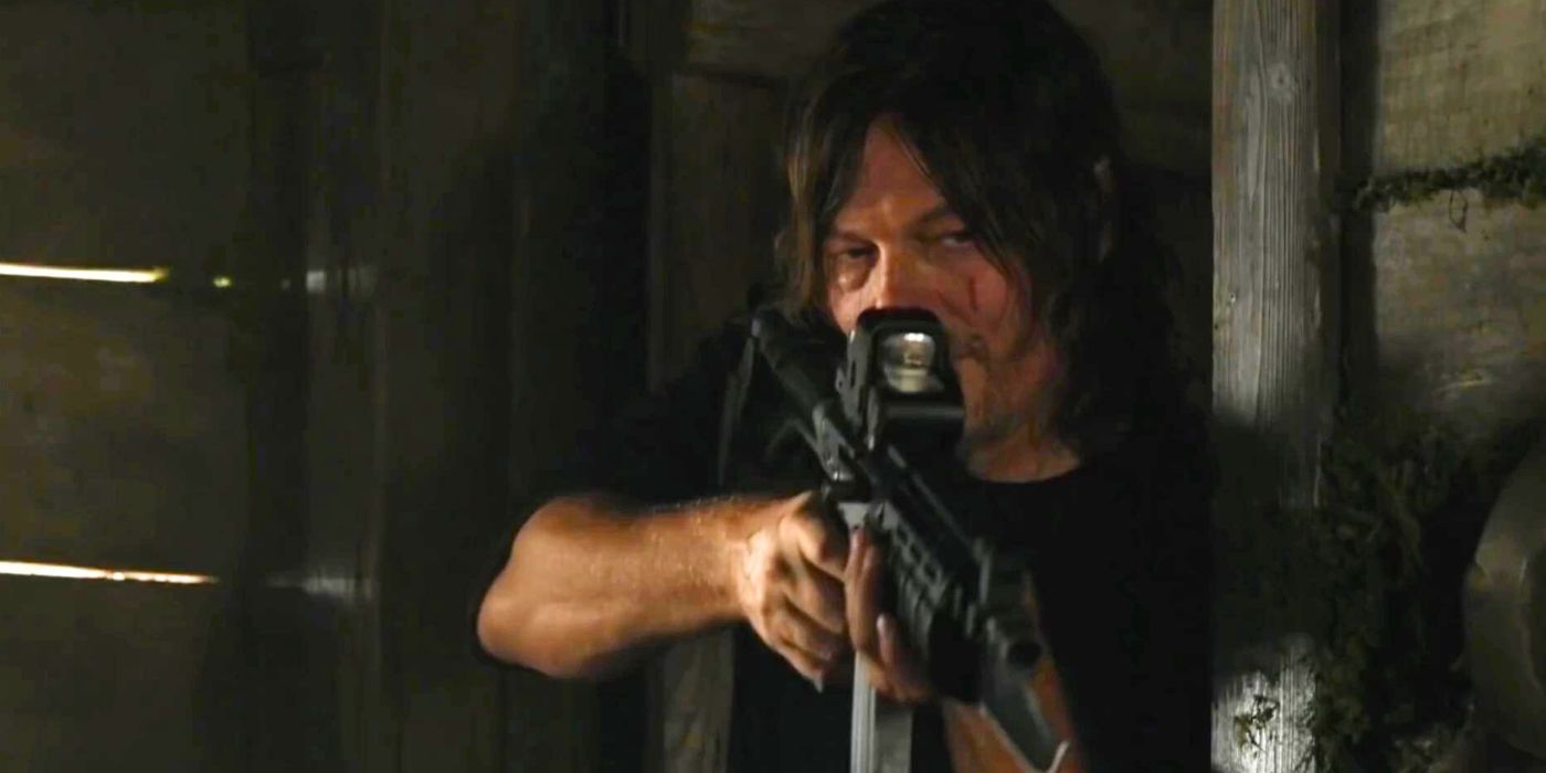 Daryl (Norman Reedus) takes aim at Leah in The Walking Dead