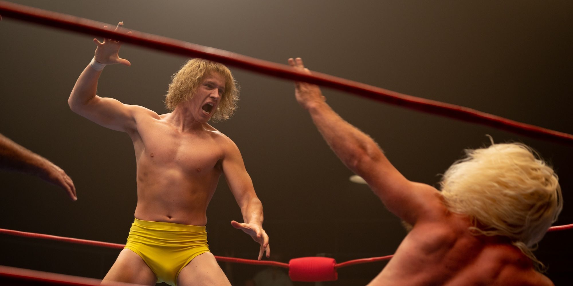 David Von Erich (Harris Dickinson) fights a wrestler in the ring in The Iron Claw.