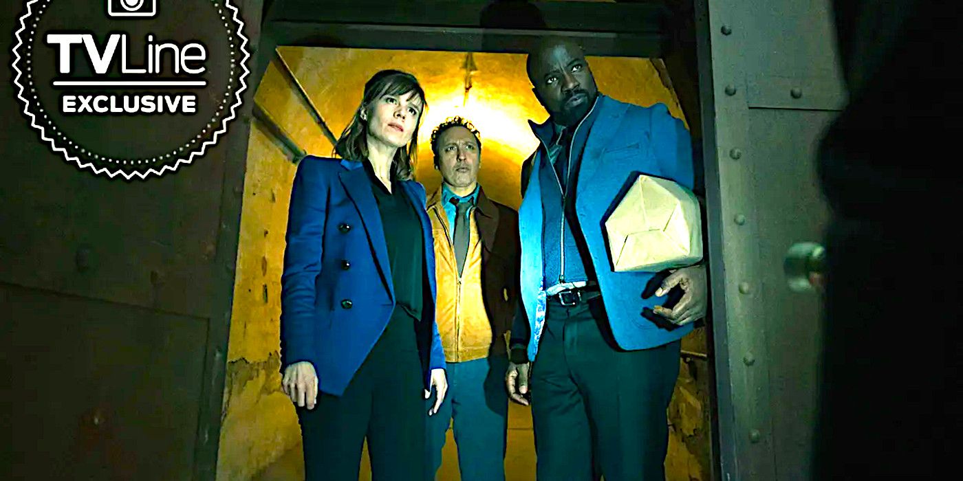 David, Kristen and Ben stand together in a doorway peering into a room at an unseen person in Evil season 4