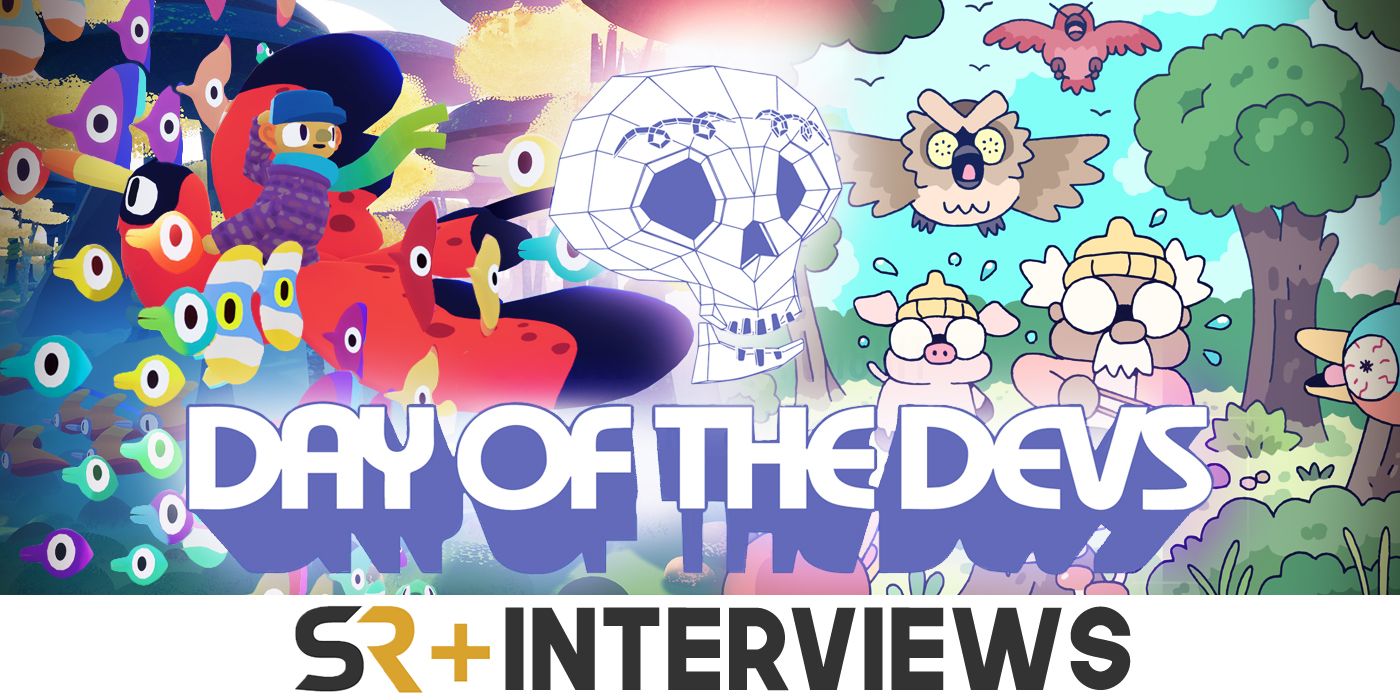 Day of the Devs logo with images from Flock and Hermit and Pig on the sides and the SR Interviews logo below.