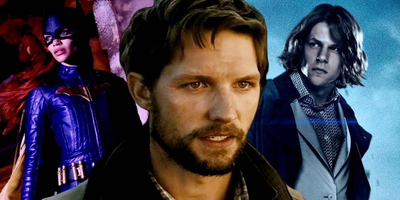 A blended image with Michael Cassidy as Jimmy Olsen, flanked by Jesse Eisenberg as Lex Luthor and Leslie Grace as Batgirl in the DCEU.