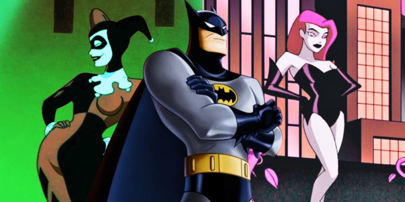 Batman from Batman: The Animated Series flanked by Harley Quinn and Poison Ivy