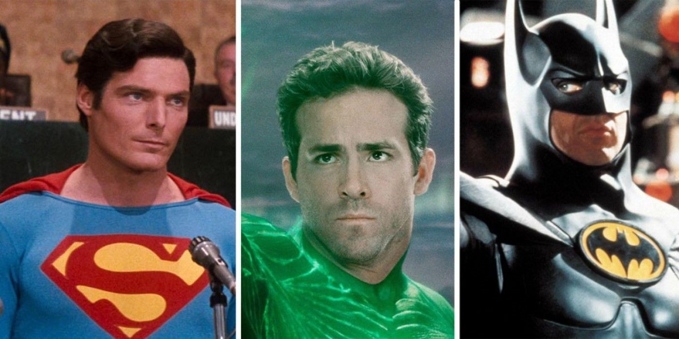 DC Movies: Christopher Reeve as Superman, Ryan Reynolds as Green Lantern, and Michael Keaton as Batman.
