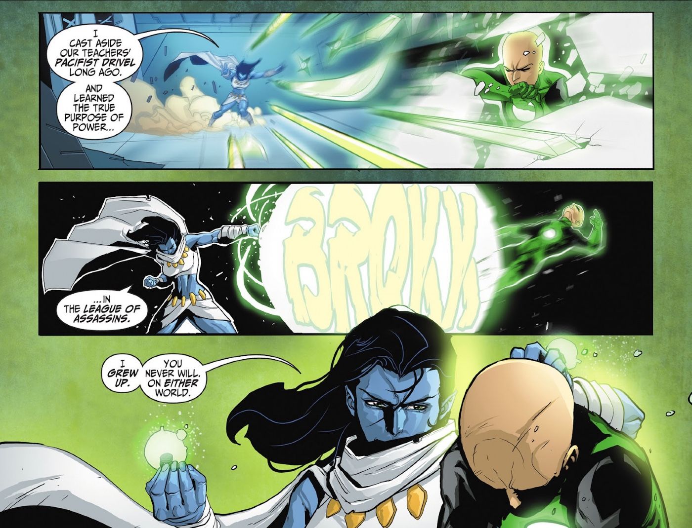Comic book panels: a fight between a Green Lantern and a blue-skinned woman in white.