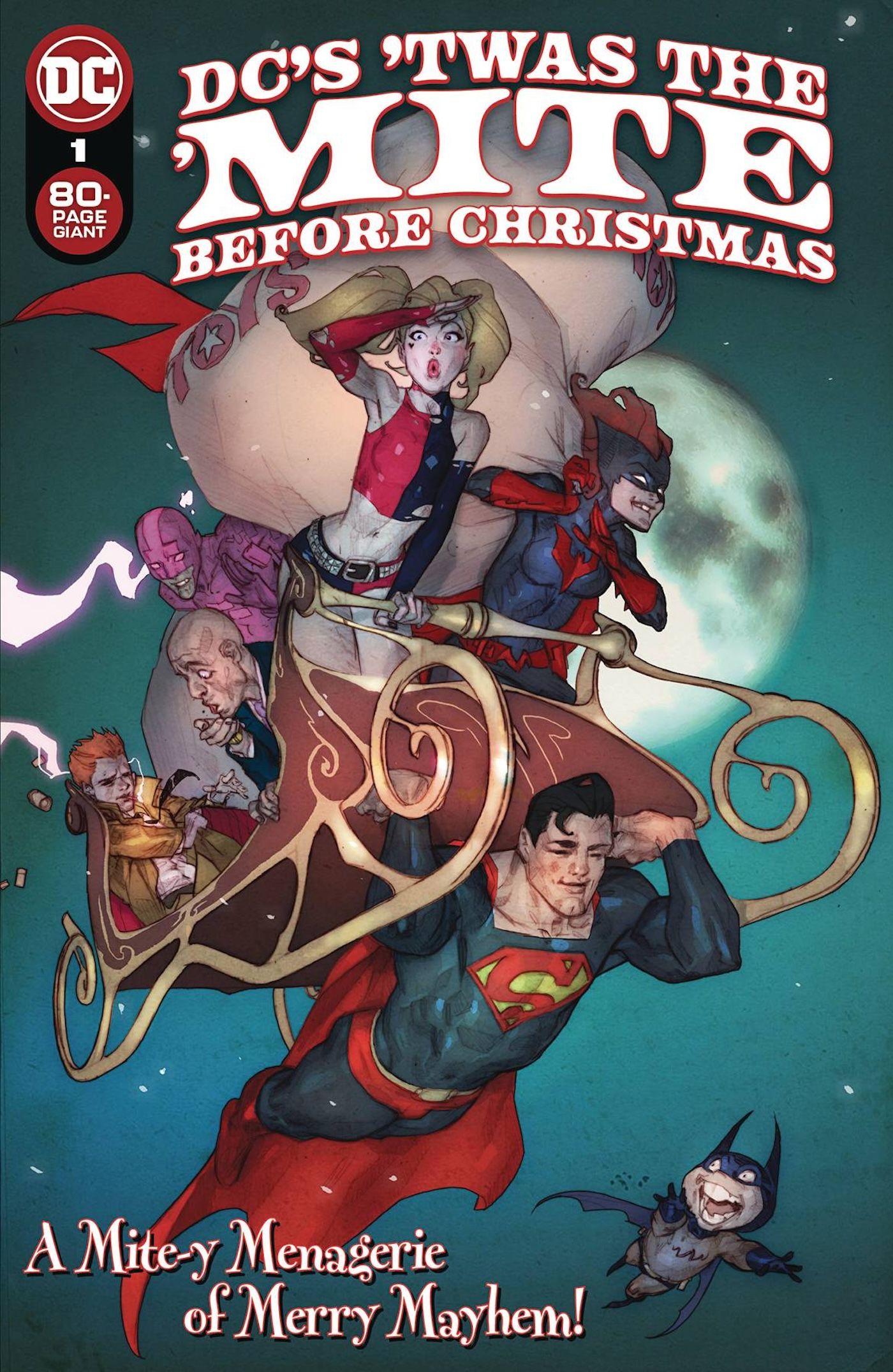 DC's 'Twas the 'Mite Before Christmas 1 Main Cover: Superman carrying a sleigh filled with costumed characters.