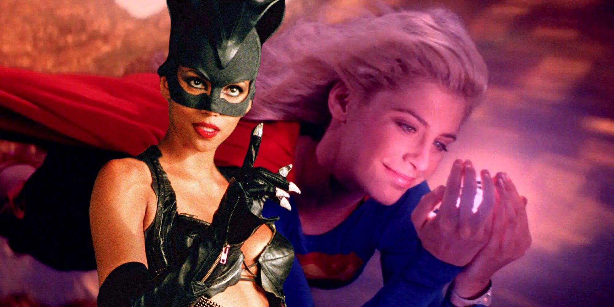 DC worst year for movies, blended image of 1984’s supergirl with 2004’s catwoman (halle berry)